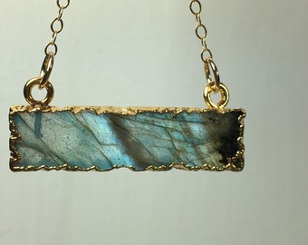 24k Gold Electroplated Labradorite Bar Pendant on 14k Gold Filled Chain