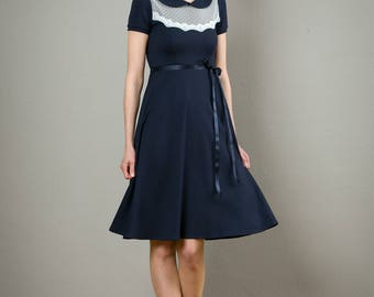Elegant Dress"Florence", dark blue and off-white with lace