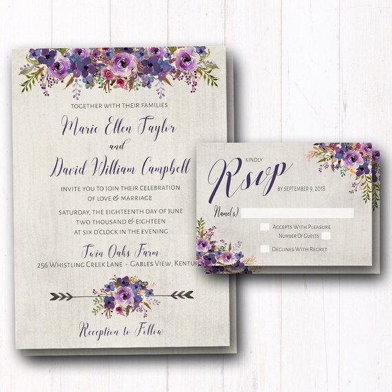 Purple Wedding Invitation Rustic Wedding Invites Violet