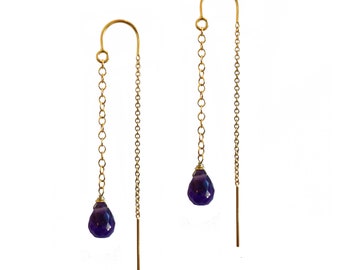 Handmade Purple Thread Earrings with Wire Wrapped Faceted Amethyst Briolettes in 14K Gold Filled Sterling Silver