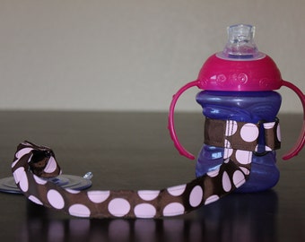 Sippy Cup Leash, Sippy Strap, Suction Sippy Strap, Sippy Cup Strap Suction Cup, Brown Pink Polka Dots