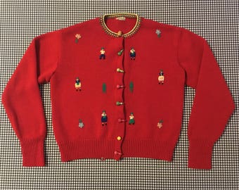 1960's, red, wool, folksy, Christmas sweater, Women's size Small