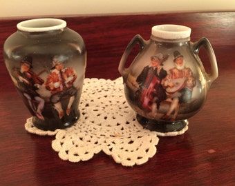 Pair Royal Beyreuth Miniature Vases, Peasant Musicians Design, 1910's Antique Bavarian Ceramics