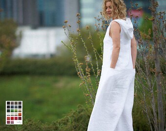 Linen Dress, Women White Dress, Plus Size Linen Dress, Bohemian Dress, Maxi Kaftan, Hooded Dress, Linen Maxi Dress, White Kaftan,Elven Dress