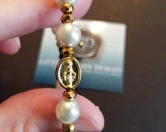 MIRACULOUS MEDAL & FaUX GLaSS PEARL RoSARY BRAcELET- Gold Tone - Black Cord- Beautiful!