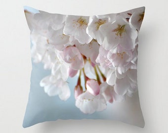 Throw Pillow Cover, Pink Spring Blossoms Pillow, Photography, Spring Flowers, Soft, Gentle, Floral, White, Dreamy,Translucent, Garden Art