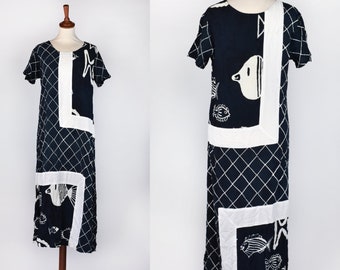 Black and White Fish Print Rayon Dress