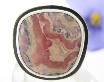 Rhodochrosite Ring - large sterling silver Rhodochrosite ring with patina - US size 7.5 - banded Rhodochrosite ring - size 7 1/2 ring