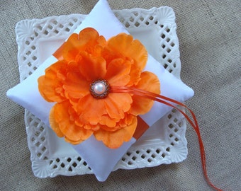 Wedding Ring Bearer Pillow - Orange Peony on White Tafetta