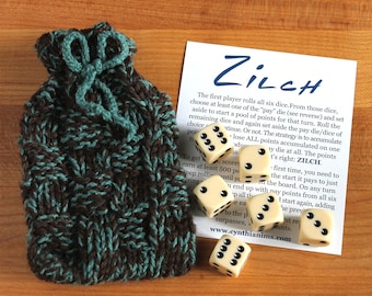Zilch dice game with handknit bag