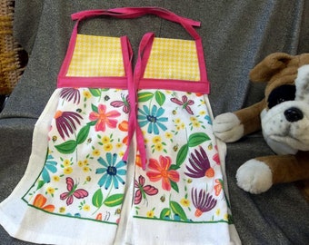 Hanging Printed Terry Tie Towels, Yellow Calico Print Top