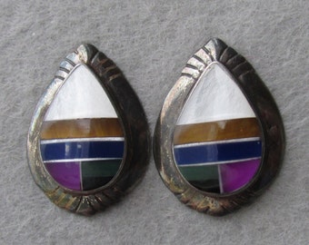 Native American Inlaid Multi Gemstone Vintage Sterling Silver Teardrop Pierced Earrings