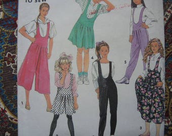 vintage 1990s Simplicity sewing pattern 7405 girls jumper and culotte jumper in two lengths and jumpsuit size 3-6