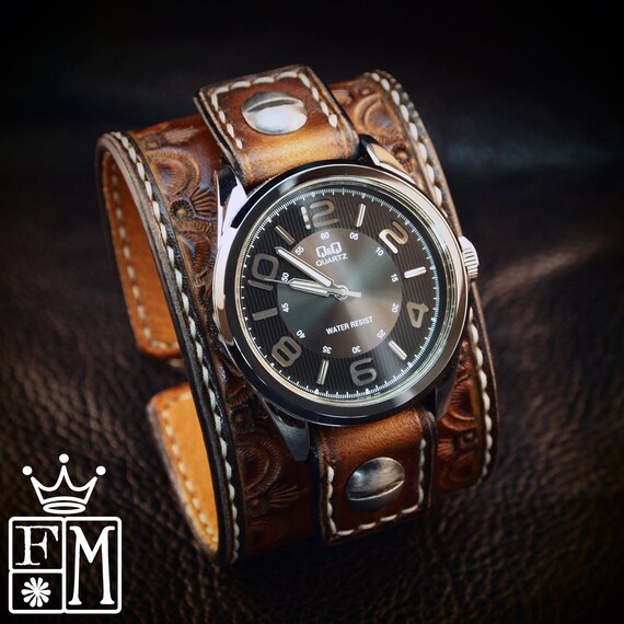 Leather cuff Watch Vintage sunburst leather watchband - handstitched leather watch band Made for YOU in New York by Freddie Matara