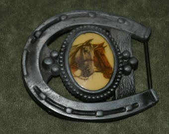Vintage Horseshoe Horse Portrait Ceramic Cameo Belt Buckle