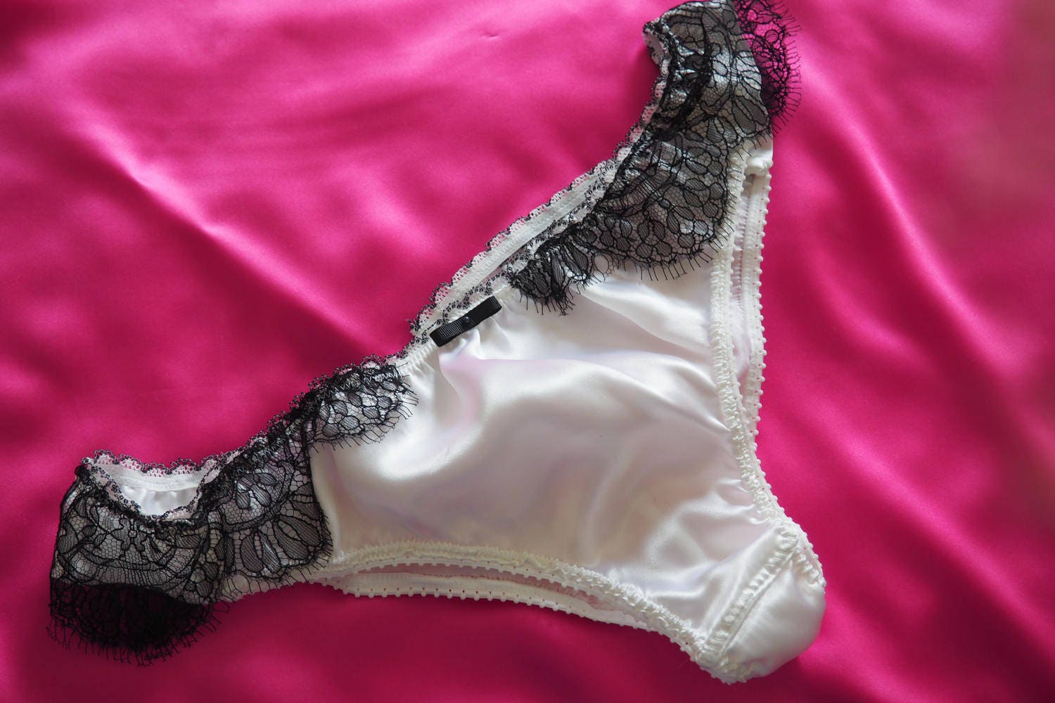 White Silk Satin Panties with Black Lace size Large