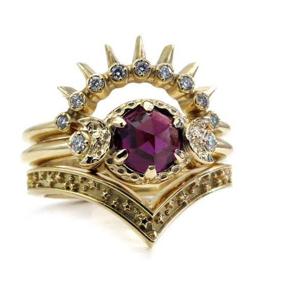 Garnet Sunray Moon and Star Engagement Ring Set - 14k Gold with Diamonds - Gothic Bohemian