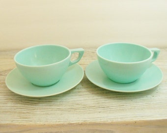 Vintage Melamine Cups and Saucers Sun Valley Melmac Dinnerware Aqua 4 Pieces 1960s