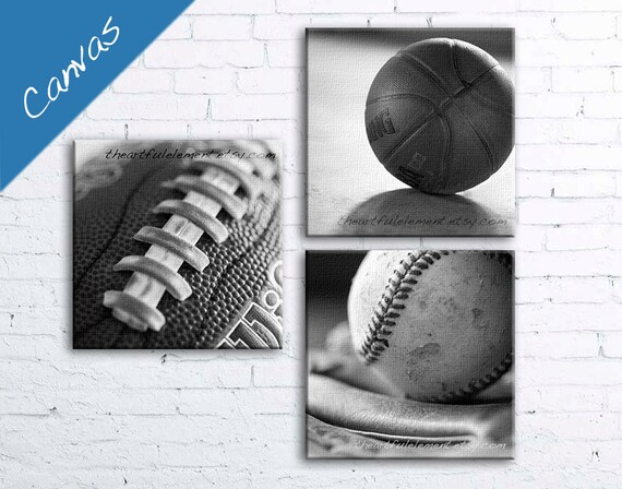 Sports room decor canvas, Boys room wall art, Man cave stuff, Teen room decor, Black White /Sports-Basketball, Football, Baseball canvas set