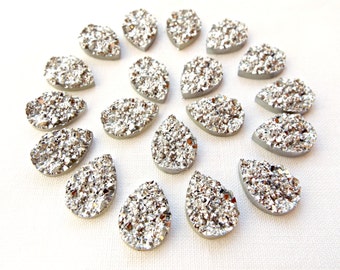 Faux Druzy Cabochon, Silver Resin Druzy, 20 Teardrop Cabochon, 14mm Faux Druzy, 50 Teardrop Druzy, Flatback Cabochon, UK Seller