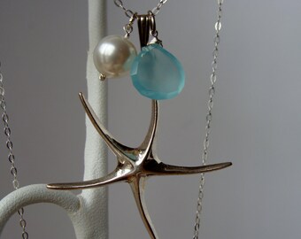 Starfish Aqua Blue Chalcedony Sterling Silver Beach Necklace