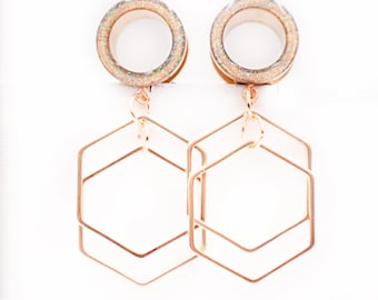 Iridescent Tunnel Geometric Dangle Plugs / 8g, 6g, 4g, 2g, 0g, 00g, 7/16, 1/2, 9/16, 5/8, 11/16, 3/4 / Beautiful Gauges/ Rose Gold Plugs