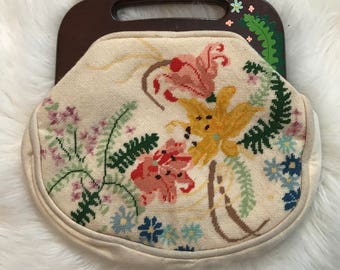 Vintage Floral Needlepoint Purse with Wooden Top Handle