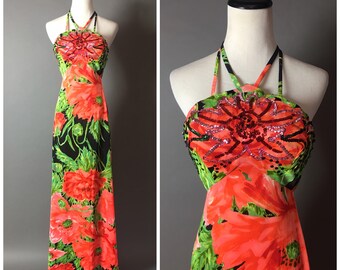 Vintage 70s dress / 1970s dress / floral dress / tropical dress / sequined dress / maxi dress / halter dress / party dress / 8283