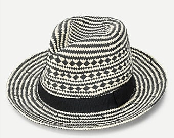 Black and White Straw Fedora with Black Band