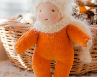 Waldorf Small doll 6,5 inches Pocket doll for dollhouse Soft doll for toddler Ginger colour cotton velour Fluffy hat gift