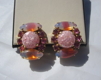 Pink Rhinestone Confetti Clip Earrings