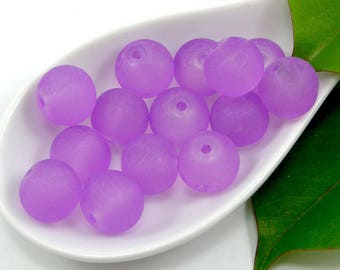 Set of 10 frosted 10 mm purple glass beads