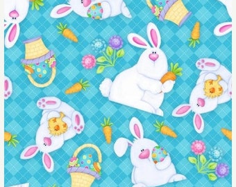 ON SALE Easter Bunnies on Blue Fabric / Hippity Hop by Shelly Comiskey for Henry Glass 6682 11 / Yardage / Easter Fabric by the yard / Fat Q