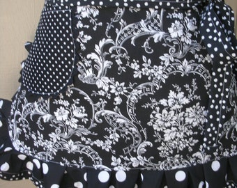 Womens Aprons - Black and White Aprons - Black Floral Apron - Annies Attic Aprons - Hostess Gift Aprons - Party Aprons - Polka Dotted Aprons