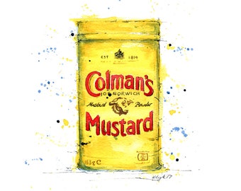 Colmans Mustard, Vintage Tin, Vintage Mustard, Mustard - Giclee print from original watercolour