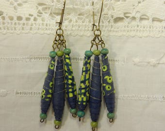 Large earrings with 3 pearls elongated recycled paper, blue and yellow.