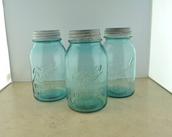 Set of 3 Vintage Quart Ball Perfect Mason Canning Jars with Zinc Lids