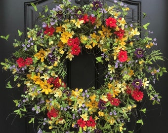 Spring Wreath, Easter Wreath, Front Door Wreaths, Spring Wreaths for Front Door, Yellow Daisy Wreath, Red Cosmos, Purple Flower Wreaths