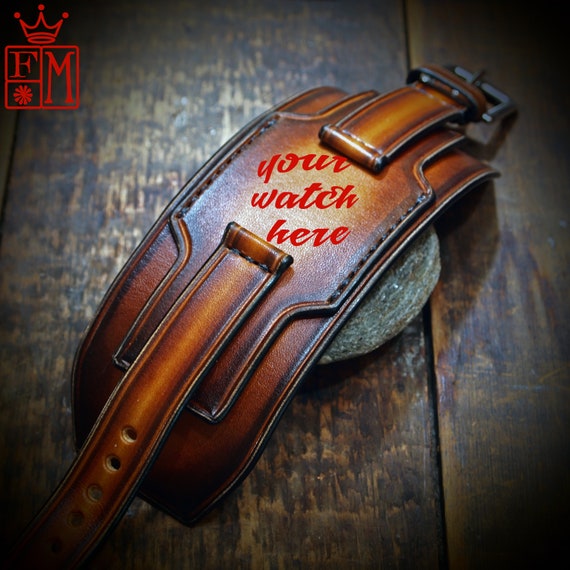 Leather cuff watchband- 18mm 20mm 22mm 24mm Vintage layered sunburst style wristband Custom Made for YOU in New York by Freddie Matara!