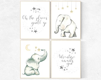 Elephant decor for nursery, Nursery decor neutral, oh the places you'll go, nursery prints elephant, elephant nursery, kids room, adventure