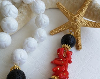 White onyx and red coral gemstone necklace, starfish necklace