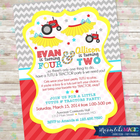 Items similar to Tutus and Tractors Invite, Brother and Sister Birthday
