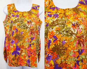 7 DOLLAR SALE---Vintage 60's Colorful Floral Tank Top L