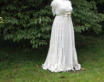 ivory champagne hippie lace collage wedding gown one of a kind