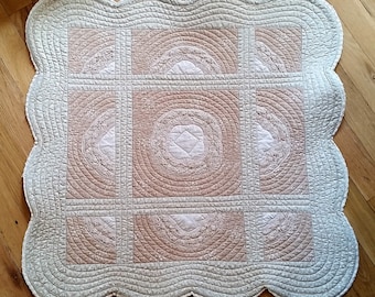 Neutral Color Mini Quilt with Ecru Battenburg Doilies/Newborn Photo Prop Quilt/ Table Top Quilt/Doll Quilt