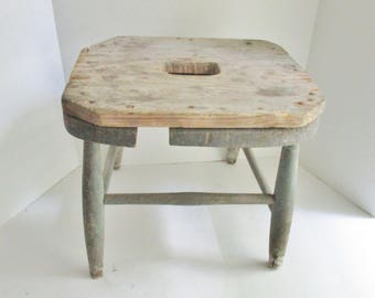 Vintage Stool Rustic Wood Blue Chipped Paint Milking Stool Step Stool Foot Stool
