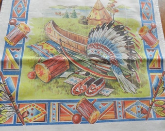 Native American Towel, Indian Print Towel, Novelty Kitchen Towel, Man Cave Towel, 1950s Kitchen Towel, Prismacolor Towel, Never Used Towel
