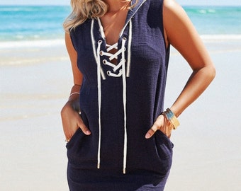 Akosée Bells Hooded Dress in Midnight Blue