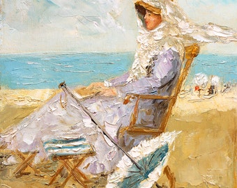 Woman painting, Giclee print, Oil painting print, Seascape print, Woman print, Figurative wall art, Beach art, Colorful living room decor