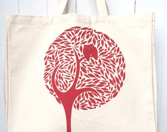 Hand Screen Printed Tree With Birds Design Cotton Canvas Tote Bag Shoulder Bag Beach Bag Grocery Bag Natural Reusable